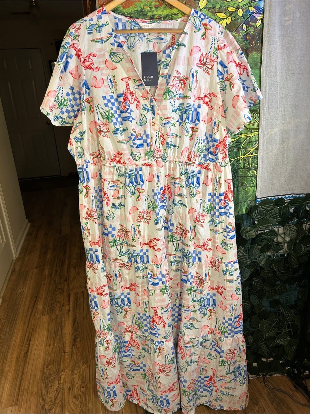 crown & ivy White Maxi Dress with Red, Blue & Green Beach Vibes Print~NWTs